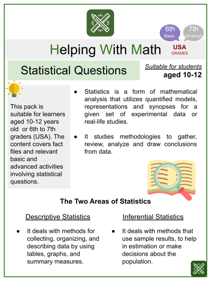 Recognizing Statistical Questions worksheet for sixth-grade math students Worksheet for sixth graders focusing on identifying statistical and non-statistical questions