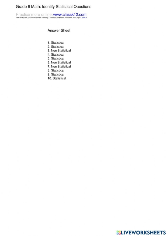 Recognizing Statistical Questions Worksheet for 6th Grade Math 17 Sixth grade math worksheet for identifying statistical versus non-statistical questions 17