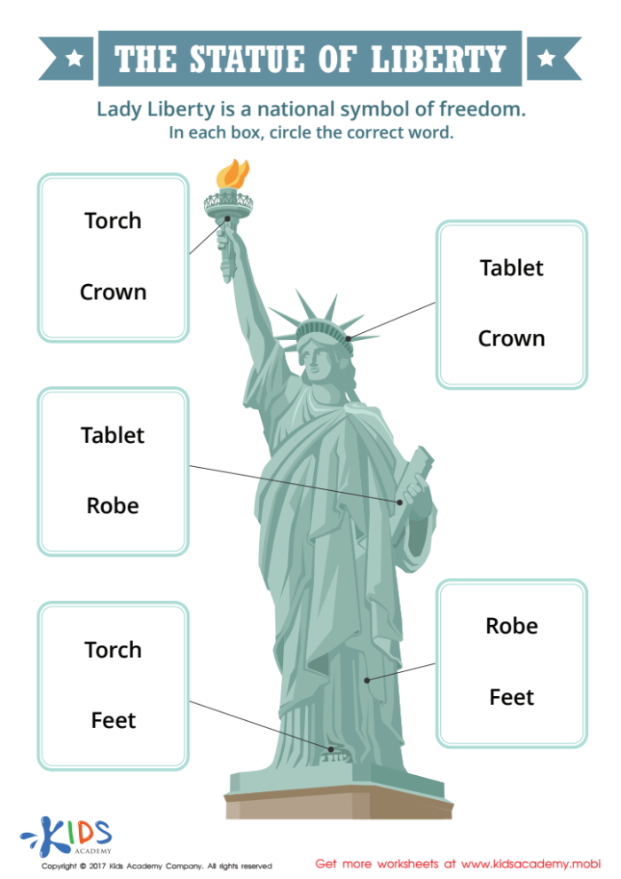 Third grade Statue of Liberty vocabulary worksheet featuring educational facts for lesson 9