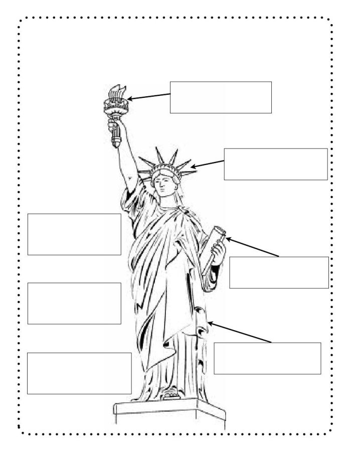 Third grade students completing vocabulary exercises about Statue of Liberty facts and definitions on a worksheet