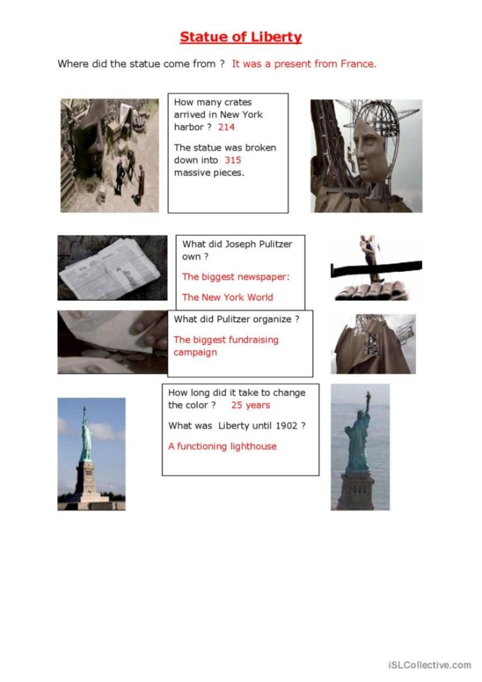 Third grade students practicing vocabulary with a Statue of Liberty worksheet