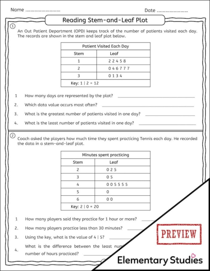 Stem and Leaf Plot Math Worksheet for Elementary Students Number 8 Third grade students learning stem and leaf plot math concepts with nature-themed worksheet example