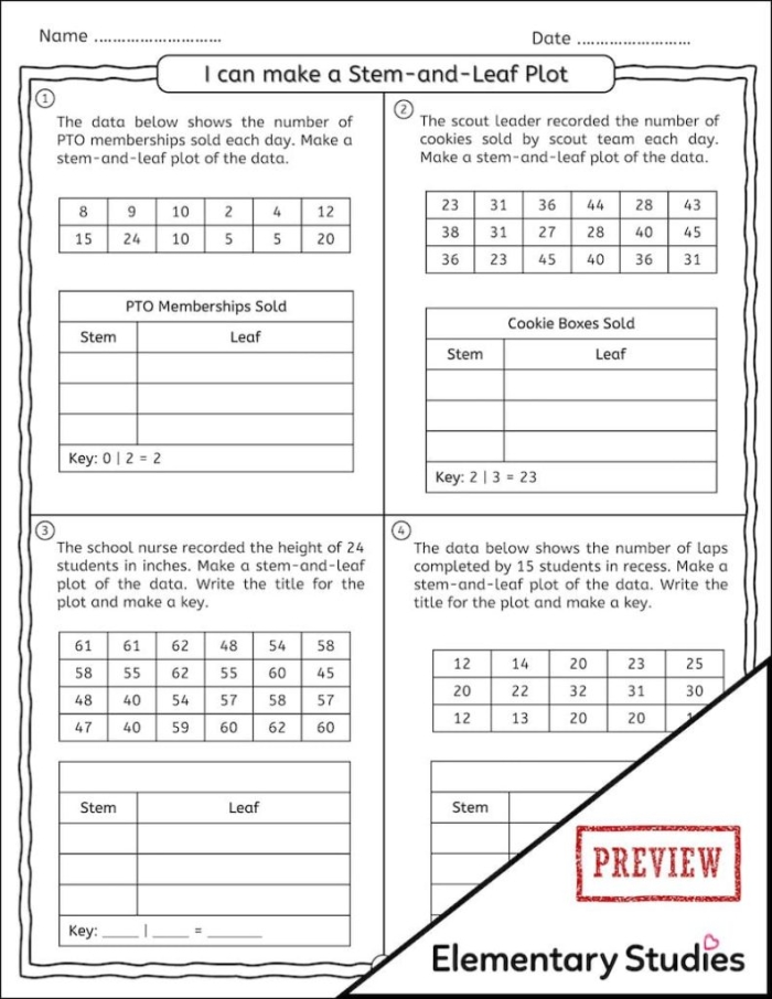 Stem and Leaf Plot Math Practice for Elementary Students Third grade math worksheet showing a stem and leaf plot example with nature-themed data visualization