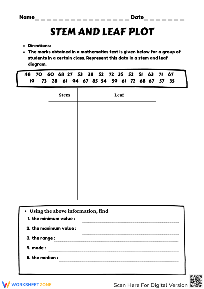 Stem and Leaf Plot Worksheet Number 7 Exploring Nature Data Third grade math worksheet featuring a stem and leaf plot themed around nature and historical data