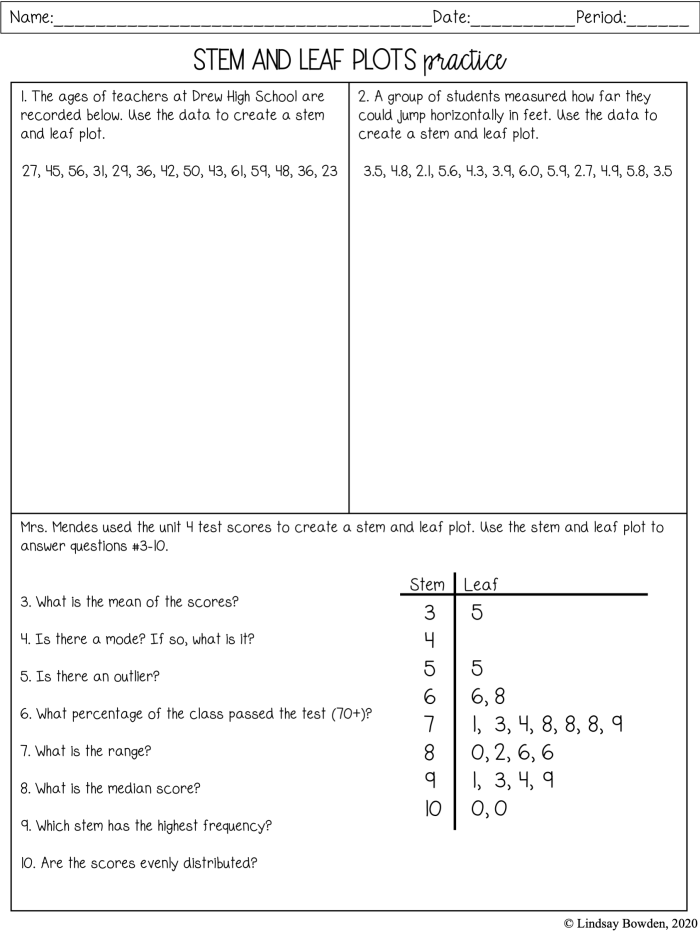 Stem and Leaf Plot Worksheet 18 Nature Themed Math Exercise Third grade student working on a stem and leaf plot math worksheet about nature patterns