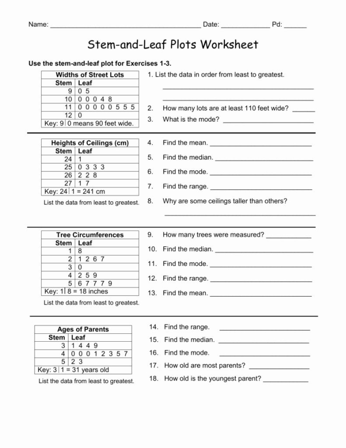 Stem and Leaf Plot Practice Sheet for Elementary Mathematics Instruction 21 Third grade students learning stem and leaf plot math concepts with nature-themed worksheet example 21