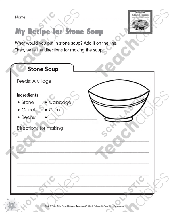 Stone Soup story illustration showing characters gathering around a pot for a first grade geometry worksheet
