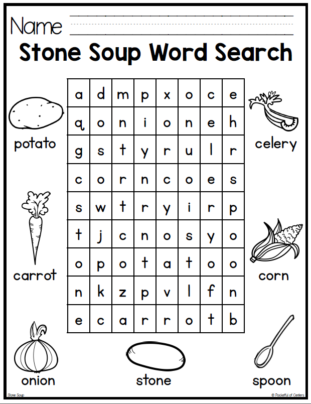 Stone Soup story illustration showing characters sharing vegetables and broth for first grade geometry lesson 24
