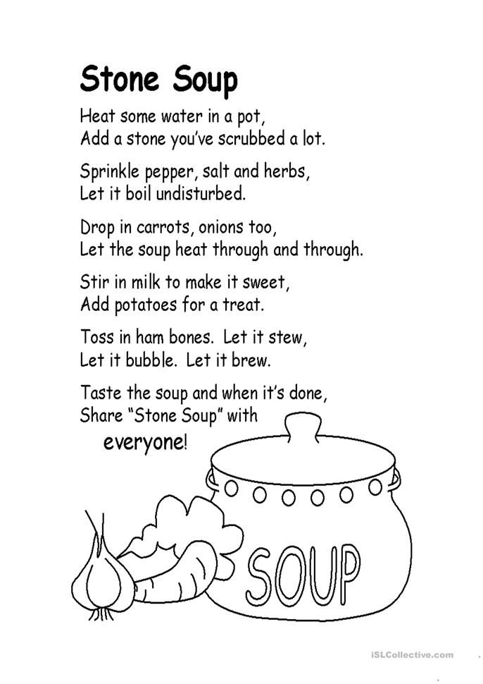 Stone Soup story illustration showing characters sharing a meal together for first grade geometry worksheet