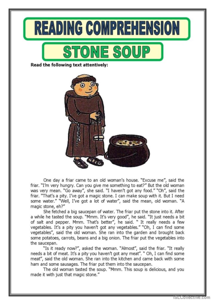 Stone Soup story illustration showing characters sharing food from a cooking pot for first grade geometry lesson 14