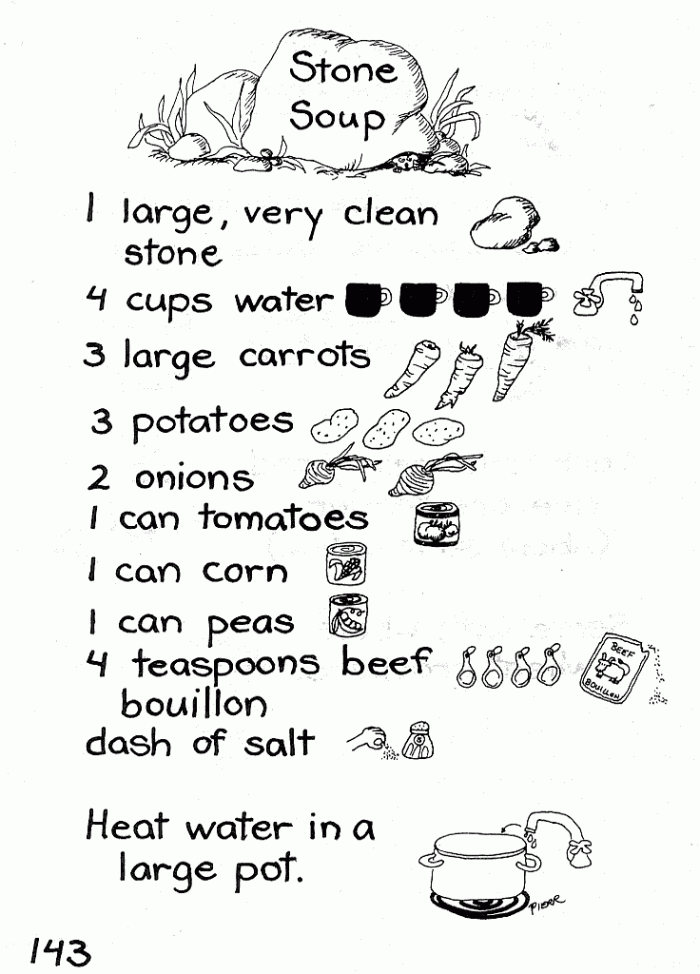 Stone Soup story worksheet for first grade geometry lesson with sharing theme and comprehension activities