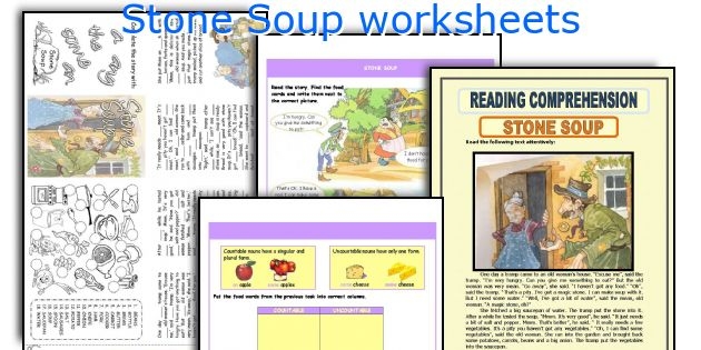 First grade geometry worksheet featuring characters from the Stone Soup fable