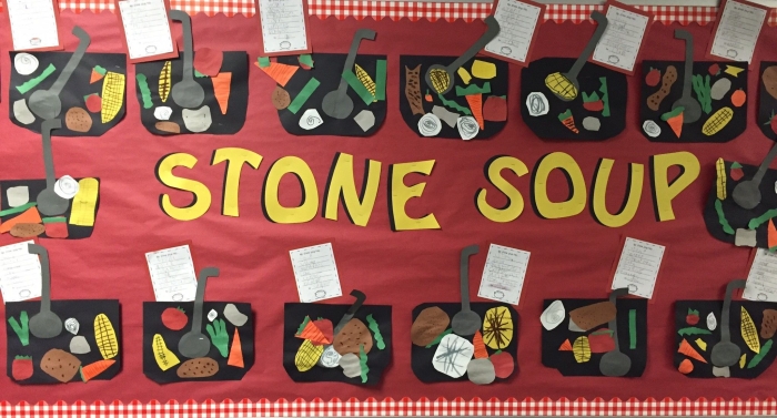 First grade reading comprehension worksheet featuring the Stone Soup fable and geometry shapes