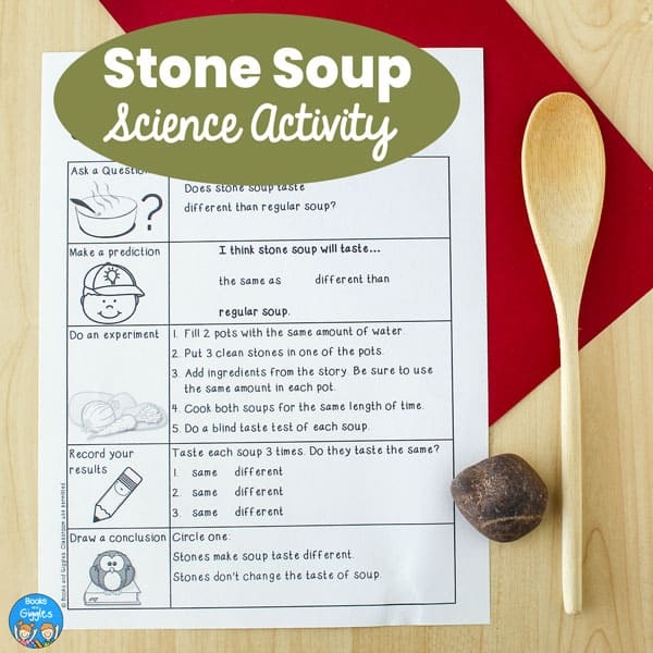 First graders learning geometry with Stone Soup story worksheet featuring shapes and sharing theme