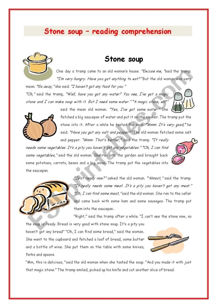 First grade Stone Soup reading comprehension worksheet featuring shapes and geometry