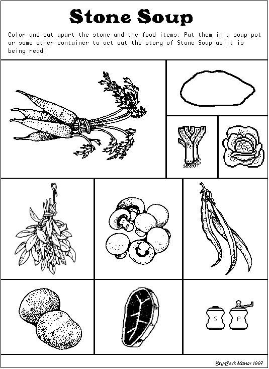 Stone Soup first grade geometry worksheet activity showing characters sharing ingredients for soup