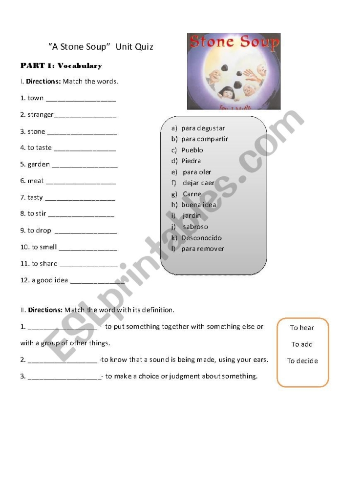 First grade Stone Soup reading comprehension worksheet featuring geometry shape exercises