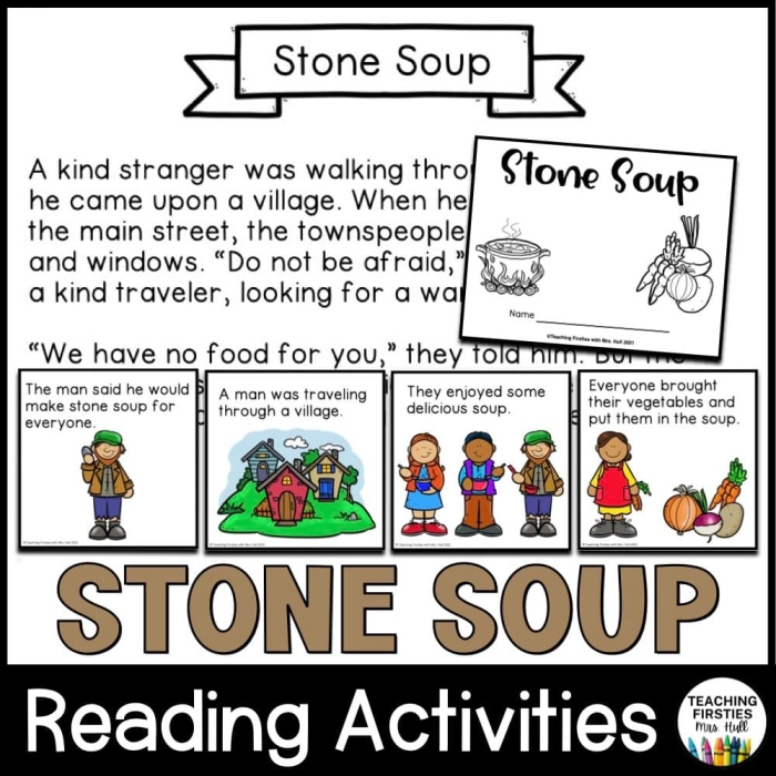 A colorful first grade worksheet featuring Stone Soup reading comprehension activities