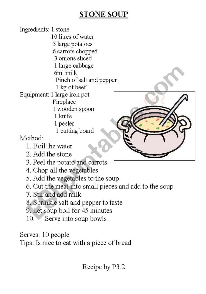 Stone Soup worksheet activity for first graders learning to share and build reading comprehension skills