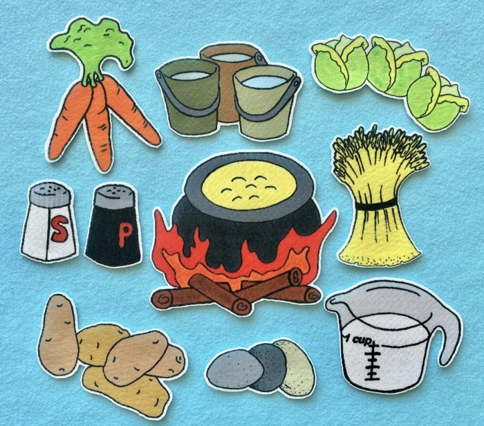 A colorful illustration from the Stone Soup story showing characters gathering ingredients together for a shared meal