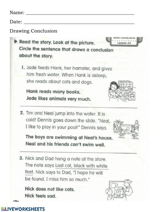 Engaging activity to enhance reading skills through narrative analysis and inference Story Comprehension worksheet for first graders, focusing on drawing conclusions from stories