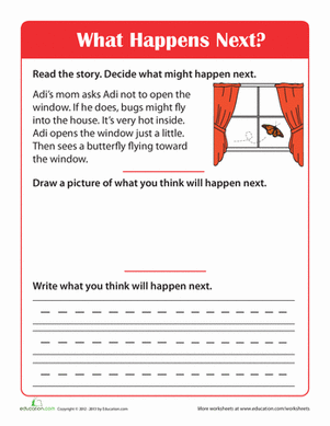 Worksheet image illustrating a child's imaginative continuation of a puppy story A second-grade student completing the Story Comprehension worksheet about a puppy's adventures