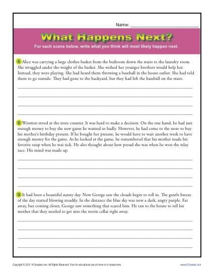 Story Comprehension worksheet for second graders focusing on predicting outcomes in a puppy's adventure Illustration of a second-grade worksheet featuring a story about a puppy and a writing activity for kids to predict what happens next