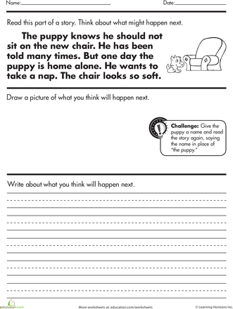 Story Comprehension: What Happens Next? worksheet for Earth and Space Science, Image 24 A second-grade student completing the Story Comprehension worksheet about a puppy's adventure