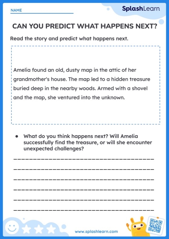 Image title: Worksheet for kids to predict the continuation of a puppy's adventure. ALT text: Second-grade students engaging with the Story Comprehension: What Happens Next? worksheet featuring a puppy story.