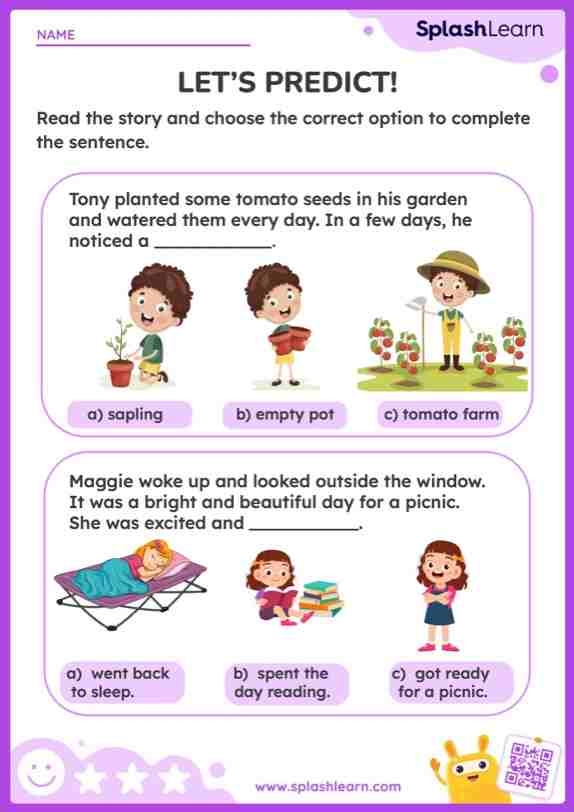 Worksheet image for Story Comprehension: What Happens Next? featuring a creative writing activity A second-grade student completing the Story Comprehension worksheet about a puppy's adventure