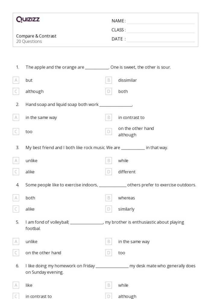 First grade worksheet for comparing and contrasting story elements with a focus on character and setting similarities and differences