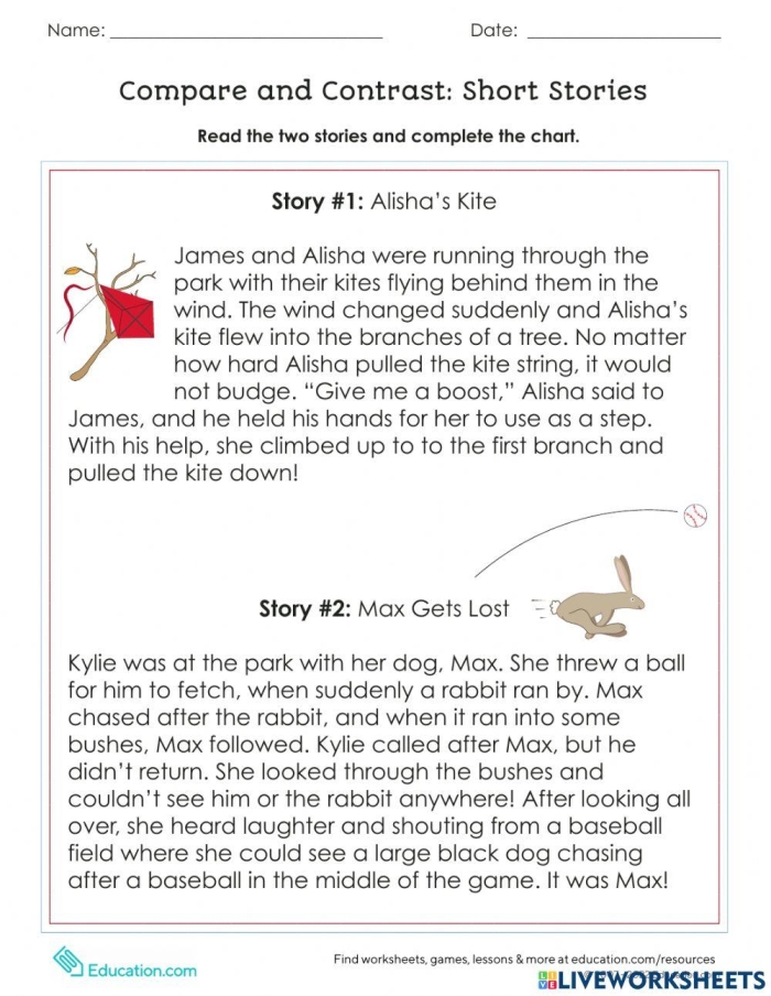 First grade students comparing and contrasting story elements on a printed worksheet