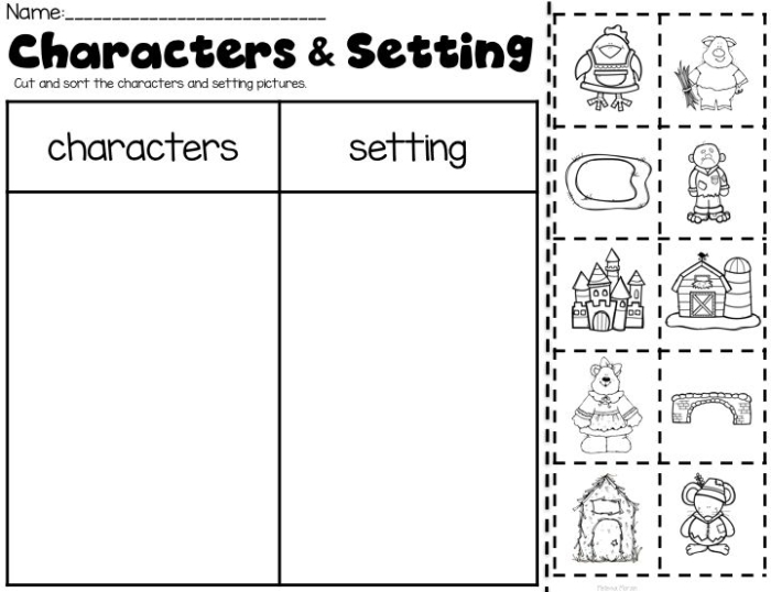 Worksheet for sorting story elements in a phonics activity for third graders