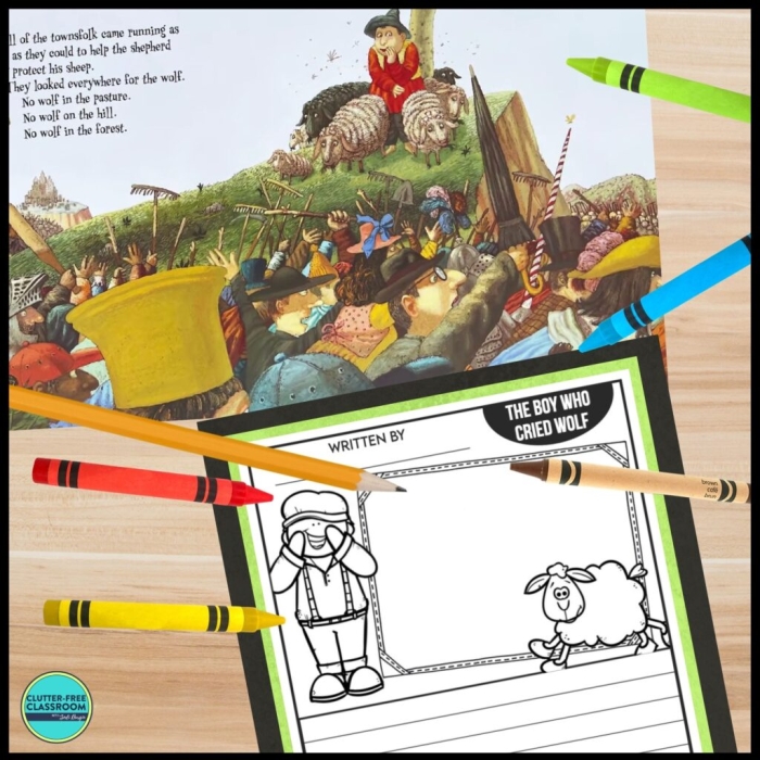 Second grade reading comprehension worksheet featuring a story map for The Boy Who Cried Wolf