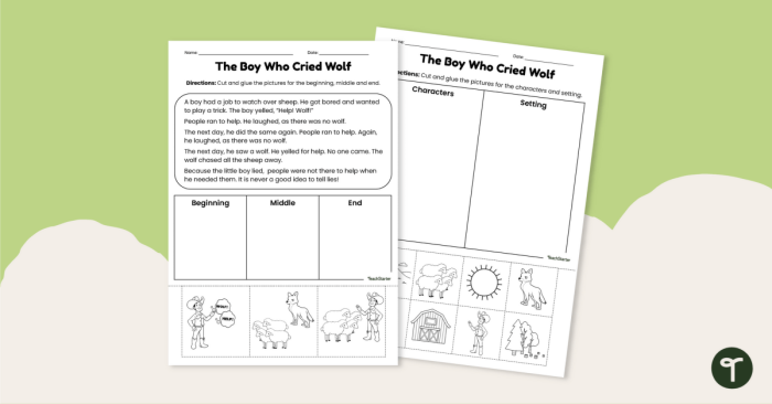 Second grade reading comprehension worksheet featuring a story map for The Boy Who Cried Wolf fable