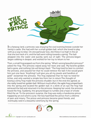 Decimals worksheet for First Grade Worksheet for reading comprehension based on "The Frog Prince" story for first graders. Story of the Frog Prince worksheet for enhancing decimals skills in young learners.