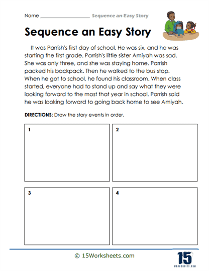 Children engaged in story sequencing with Selena's Bicycle worksheet