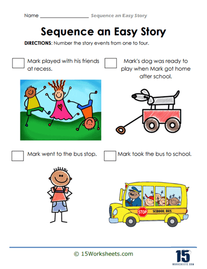 First grade student completing a story sequencing activity sheet for geometry lessons