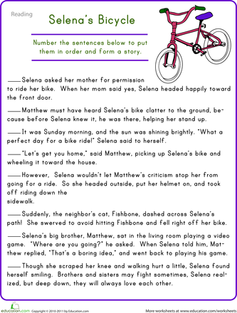 Worksheet for story sequencing featuring Selena's Bicycle for multiplication practice