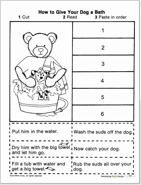 First grade student using a geometry themed story sequencing worksheet