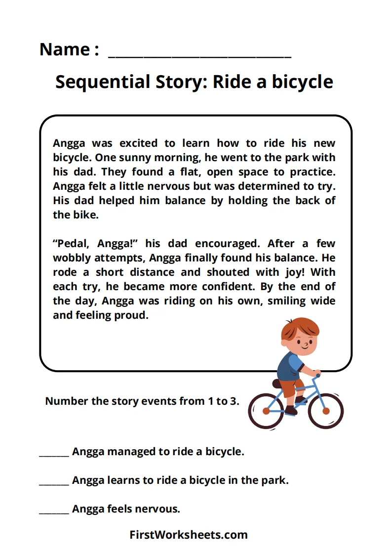 Children engaging with the Story Sequencing: Selena's Bicycle worksheet for multiplication practice. Worksheet for fourth graders focusing on story sequencing skills.