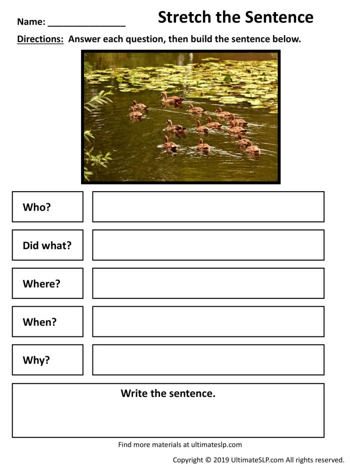 Worksheet for stretching sentences in a second-grade reading activity