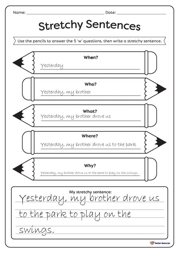 A second grade student practicing expanding simple sentences with descriptive details on the Stretch a Sentence worksheet 21