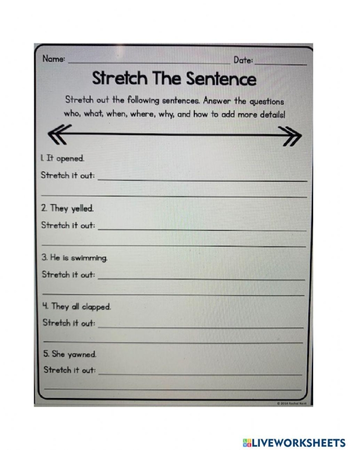 Worksheet featuring a "Stretch a Sentence" activity designed for second-grade students to enhance their writing skills. Engaging image of the Stretch a Sentence worksheet for young writers.