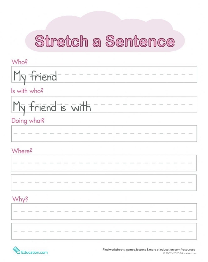 Stretch a Sentence worksheet for second graders focusing on enhancing writing skills with detailed expansions. Engaging activity image for young writers to practice sentence stretching.