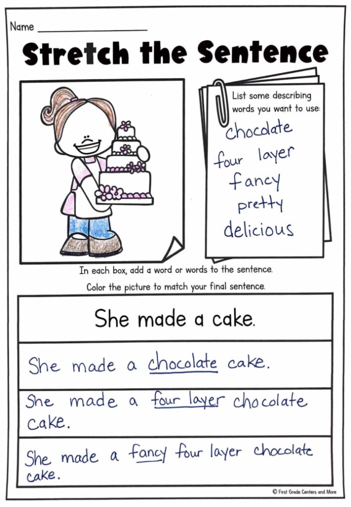 Stretching Sentences worksheet for first graders featuring engaging writing prompts