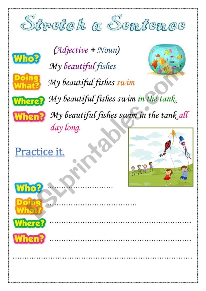 Stretching Sentences worksheet for first graders featuring engaging writing prompts