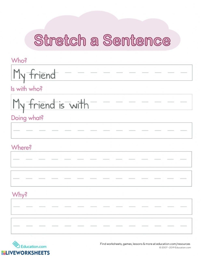 Stretching Sentences worksheet with engaging prompts for first graders to enhance their writing skills