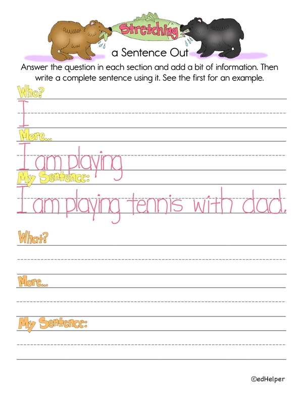 Colorful Stretching Sentences worksheet for first graders focusing on grammar and detail expansion. Engaging prompts to enhance writing skills by adding descriptive elements.