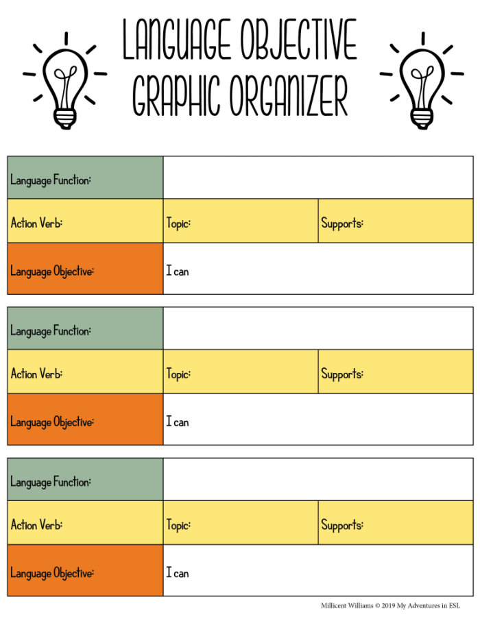 Printable worksheet for teachers on writing student-facing language objectives